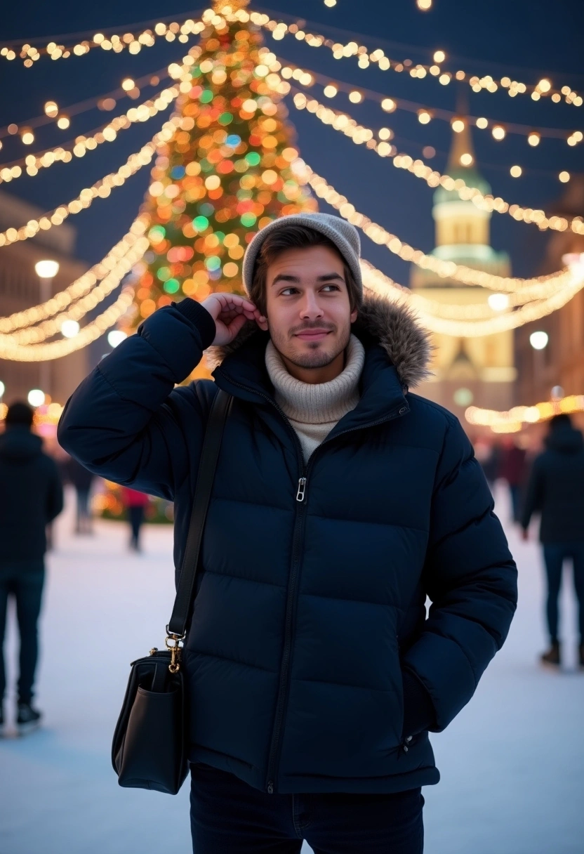 Мужчина, стоящий на ледовом катке в центре города Москва на красной площади в окружении праздничной атмосферы. Ночь. Он одет в темно-синюю пуховую куртку, которая создает контраст с яркими огнями и украшениями вокруг. Под курткой виден светлый свитер, который добавляет тепла и уюта к его образу. На мужчине теплая шапка с мягкими полями, которая придает его облику немного небрежного шика. Он приподнял руку и держится за край шапки, добавляя в позу элемент расслабленности и непринужденности. В другой руке он держит черную сумку с длинной ручкой, которая висит через плечо. Мужчина слегка наклонил голову и смотрит в сторону с легкой улыбкой, создавая ощущение спокойствия и удовольствия от момента. Его лицо мягко освещено праздничными огнями, которые добавляют теплый свет и создают приятный контраст с прохладным тоном его одежды. Фон фотографии передает атмосферу рождественского города: огромная украшенная елка с разноцветными игрушками и огнями возвышается позади, символизируя праздничное настроение. Здания вокруг украшены яркими световыми гирляндами и рождественской иллюминацией, подчеркивая торжественность момента. Люди на катке заняты своими делами, кто-то катается на коньках, кто-то беседует, создавая живую и радостную атмосферу вокруг. Верхняя часть кадра украшена гирляндами из небольших лампочек, подвешенных над катком, которые мерцают теплым светом, придавая ощущение уюта даже в зимнюю прохладу. В целом, снимок передает чувство праздничной магии, теплоты и радости в холодный зимний вечер. Фон четкий.