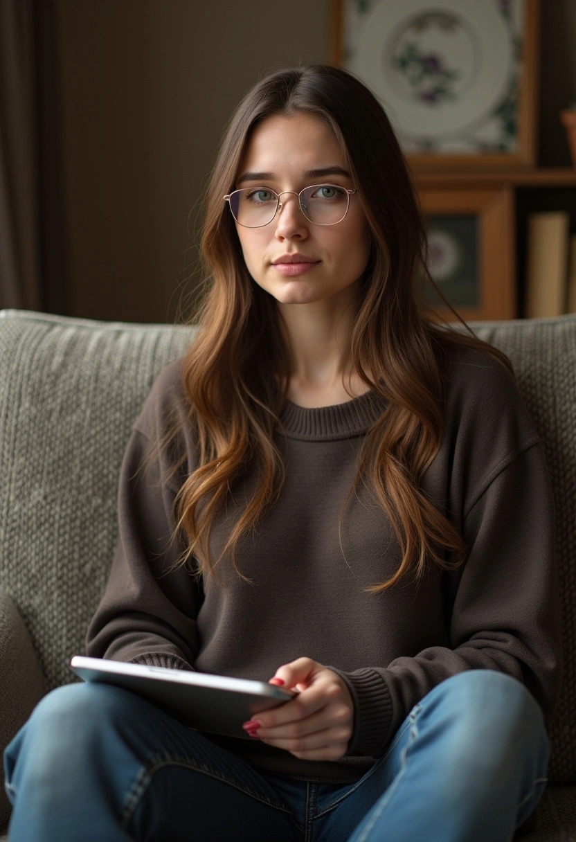 Мужчина-психолог сидит на диване с блокнотом, рядом лежит планшет, смотрит прямо в камеру, вокруг уютная обстановка