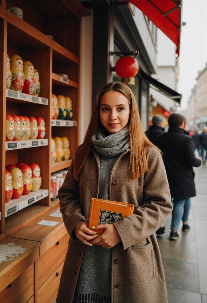 Женщина с книгой в руках стоит у сувенирной лавки, за спиной витрина с матрёшками, зимний день, прохожие идут мимо