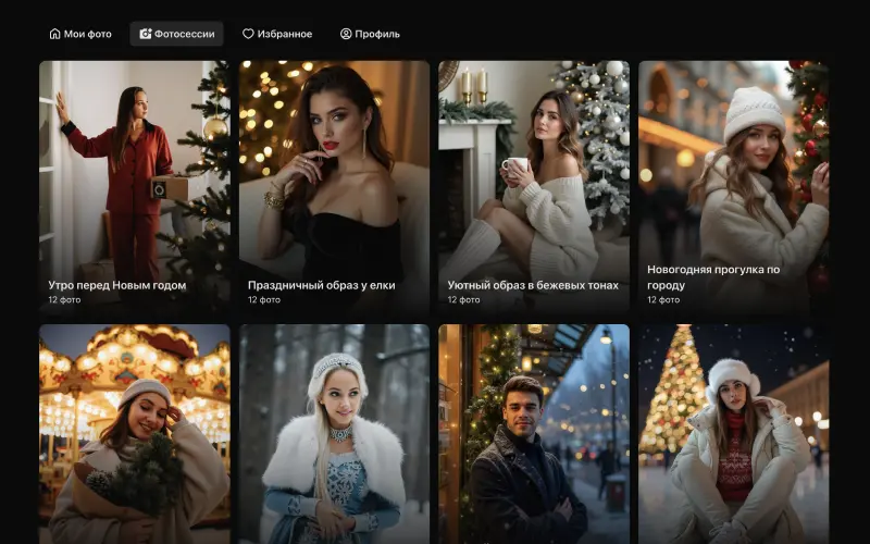 Скриншот с готовыми нейрофотосессиями в Facee